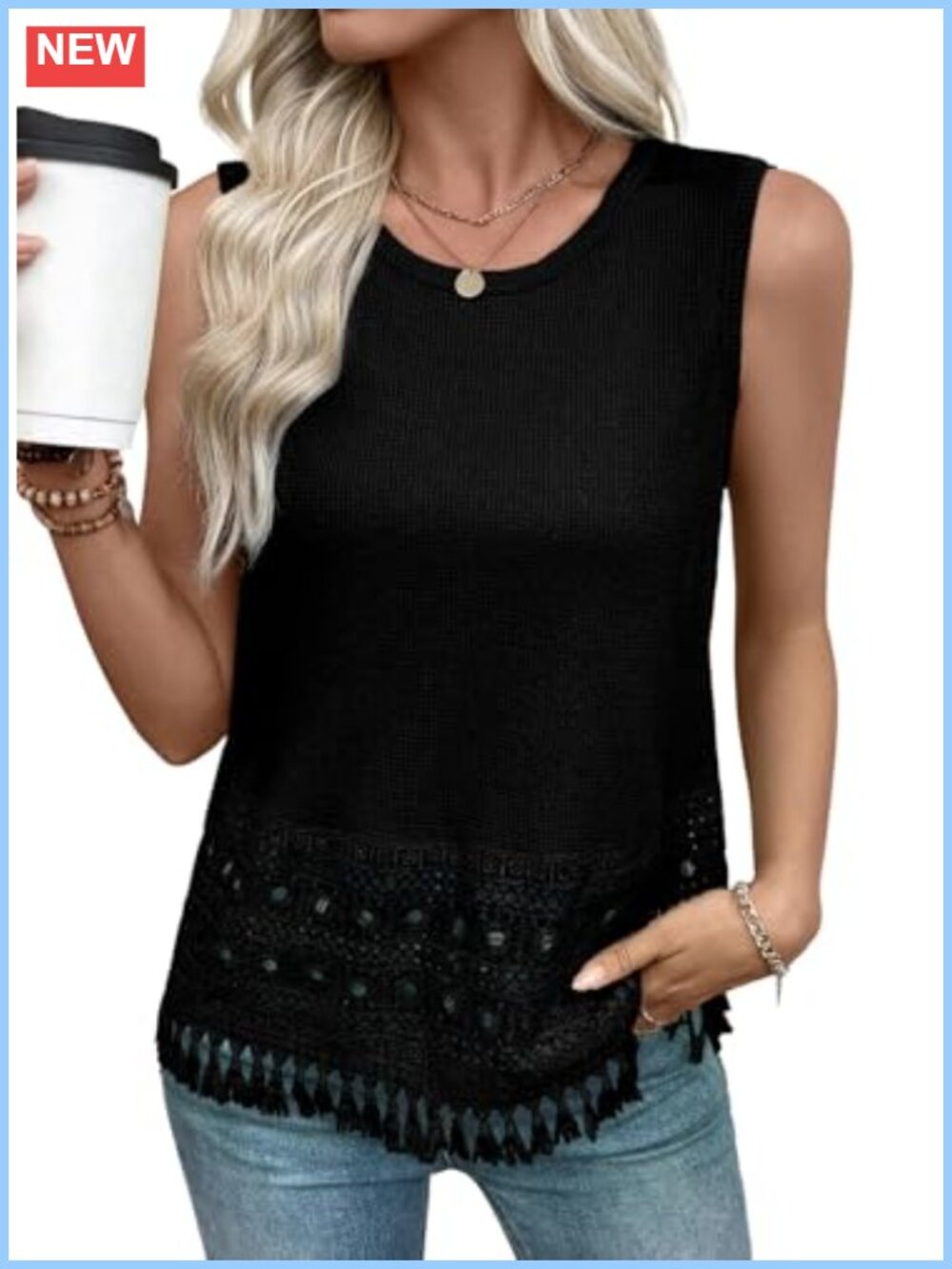 EVALESS Womens Tank Tops Crochet Lace Boho Waffle Knit Sleeveless